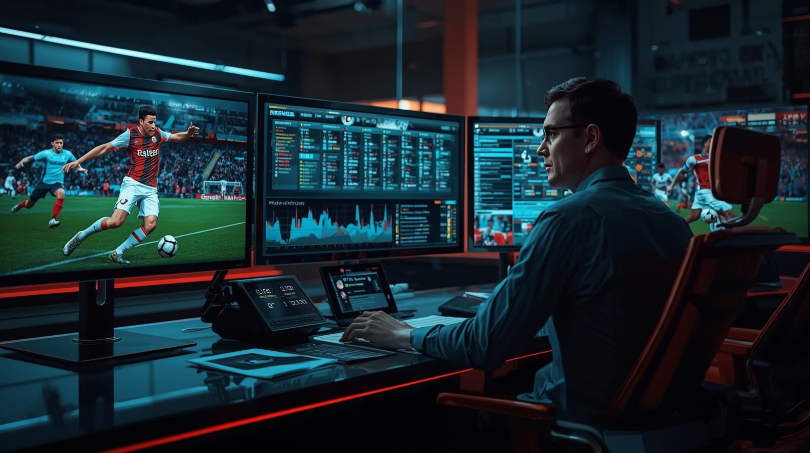 Jurnalis olahraga menganalisis berita sepak bola terkini di ruang redaksi.