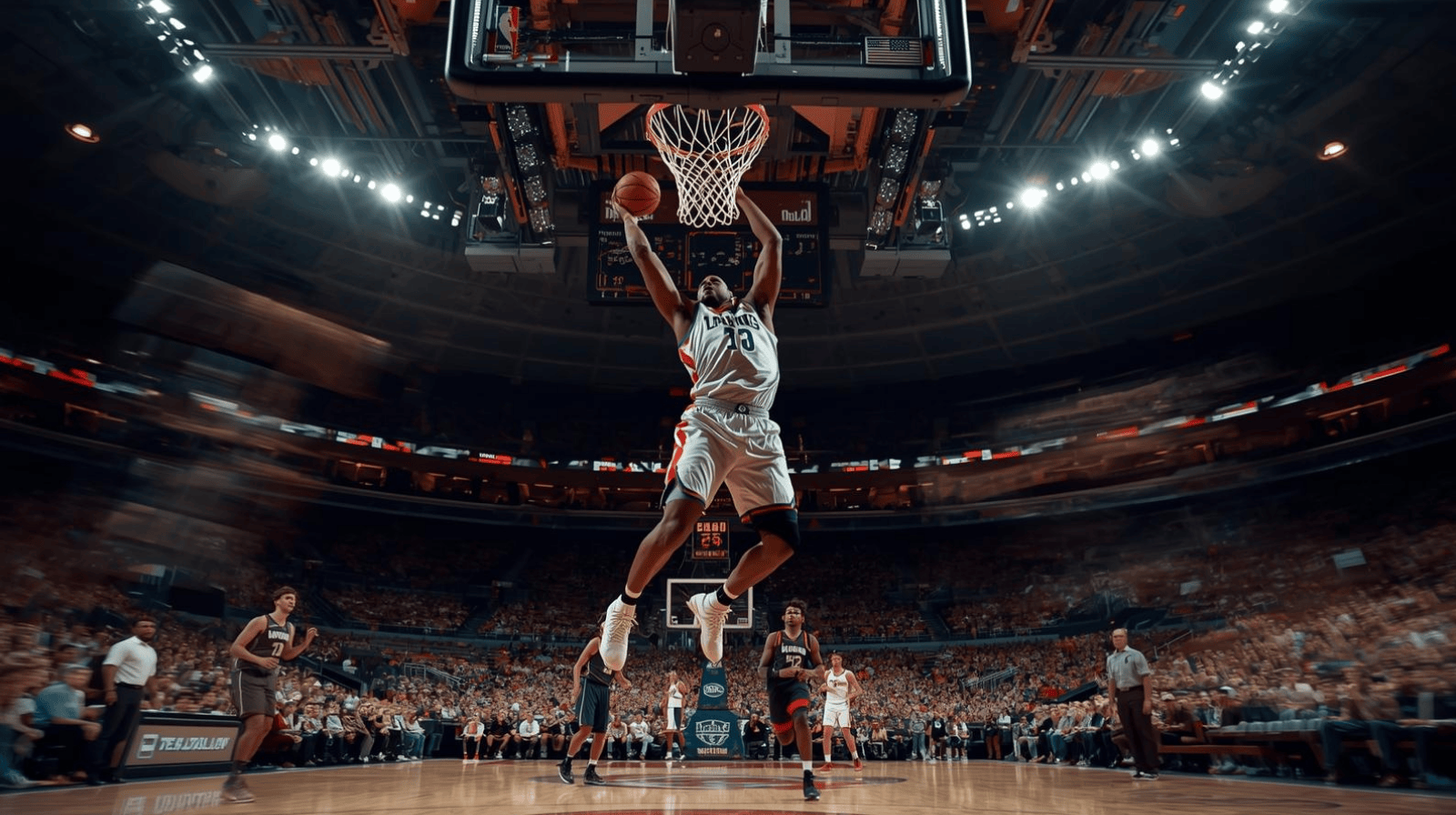 Pemain basket profesional melakukan tembakan jarak menengah di pertandingan modern