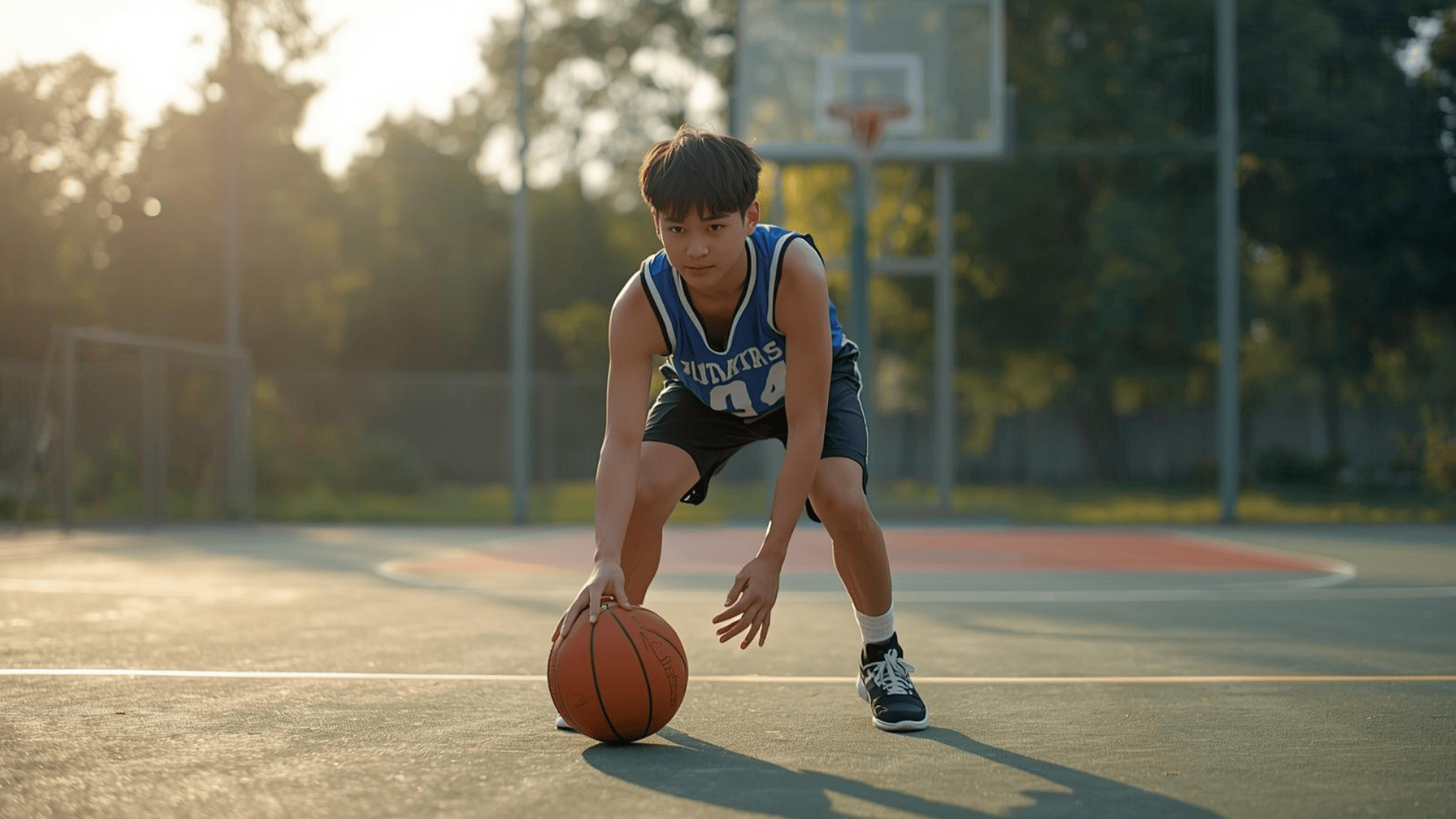 Pemain basket pemula Indonesia sedang berlatih dribble dengan teknik yang benar di lapangan outdoor