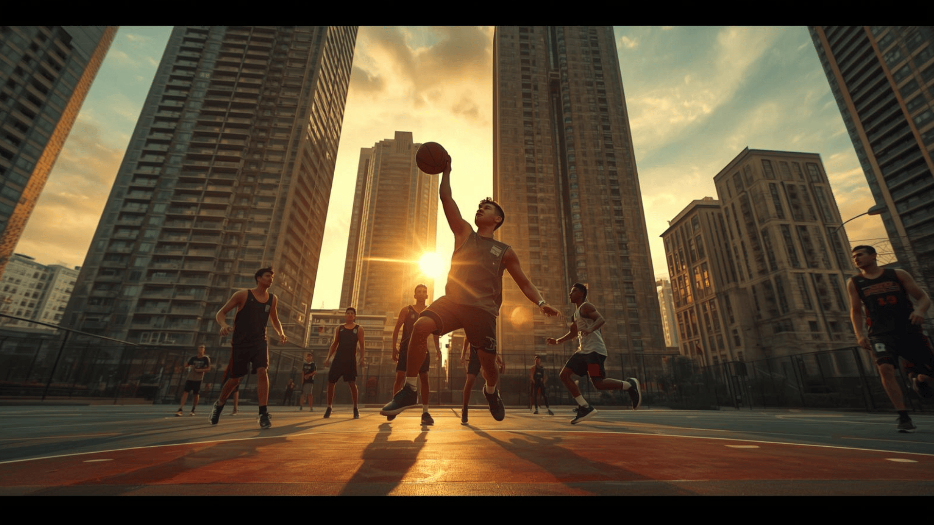 Pemain street basketball bermain ekspresif di lapangan kota