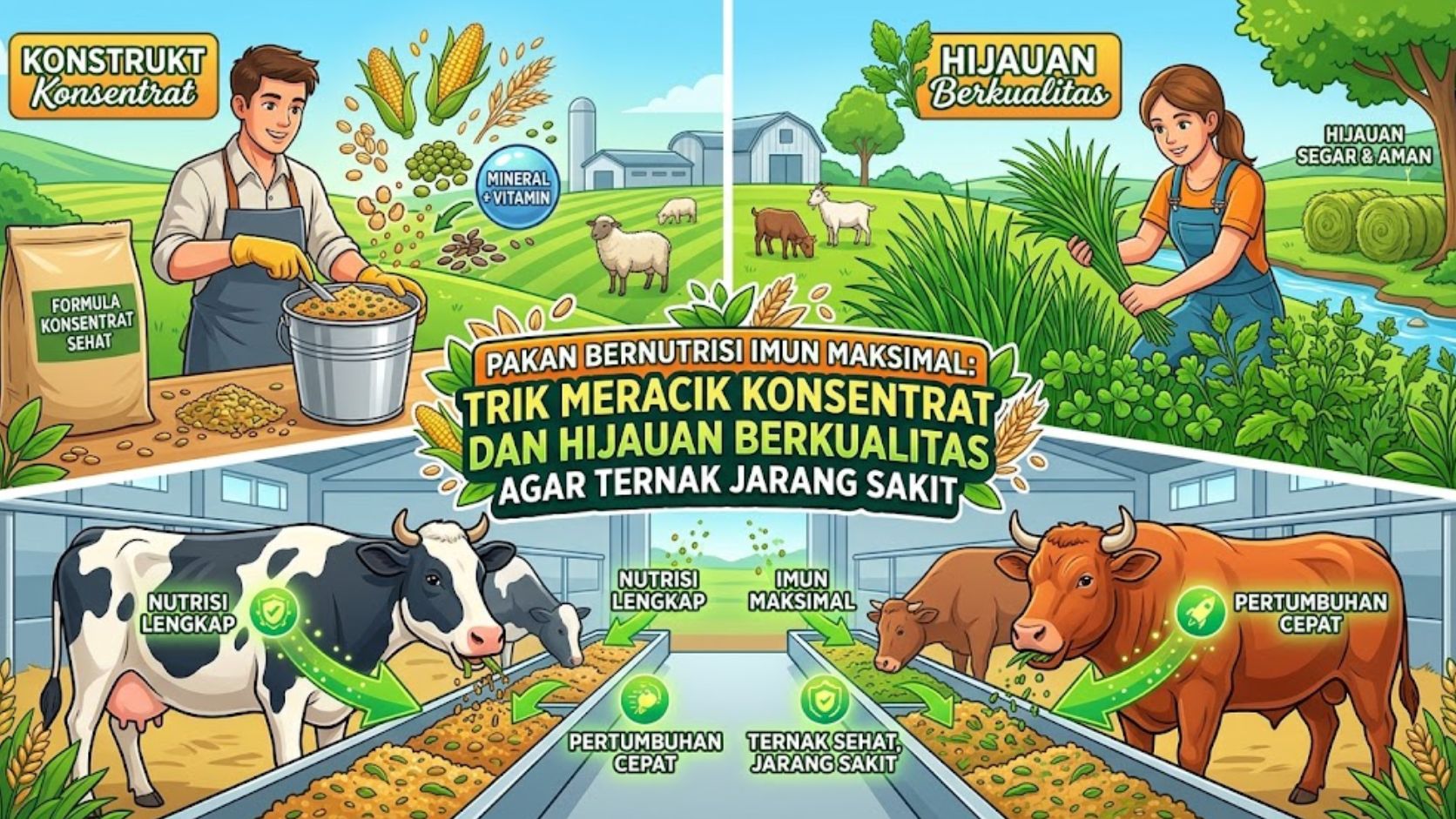 Read more about the article Pakan Bernutrisi Imun Maksimal: Trik Meracik Konsentrat dan Hijauan Berkualitas agar Ternak Jarang Sakit